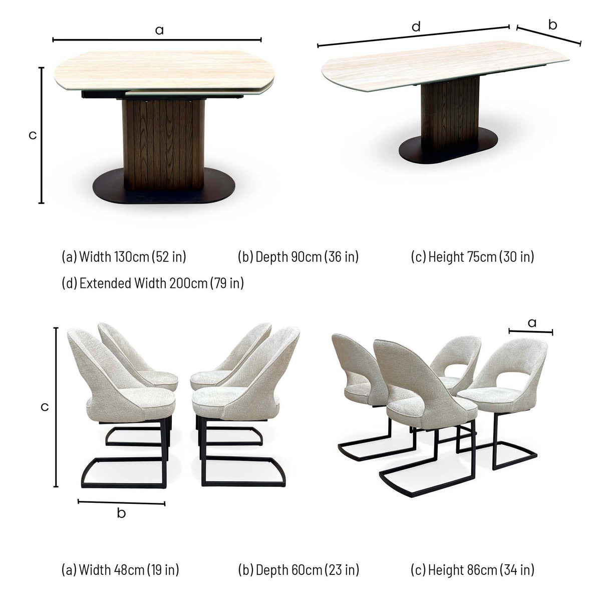 Tiber table and chair dimensions: table width 130cm (200cm extended), depth 90cm, height 75cm; chair 48 x 60 x 86cm