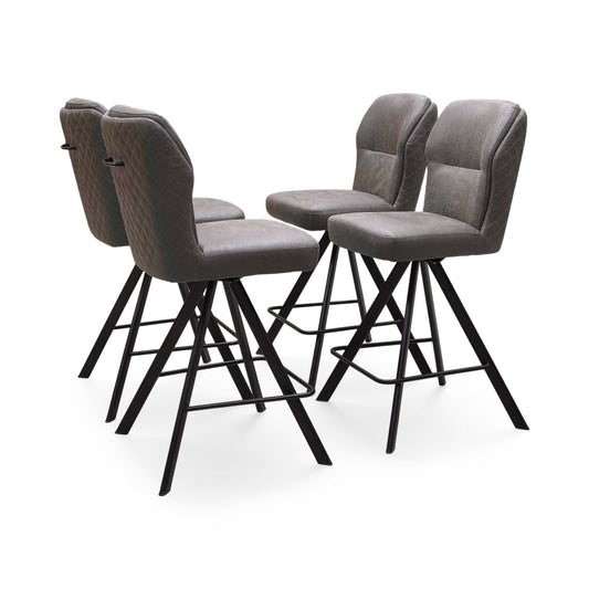 Bodahl Terra steel grey fabric set of 4 swivel bar stools, angled view showing the quilted backs