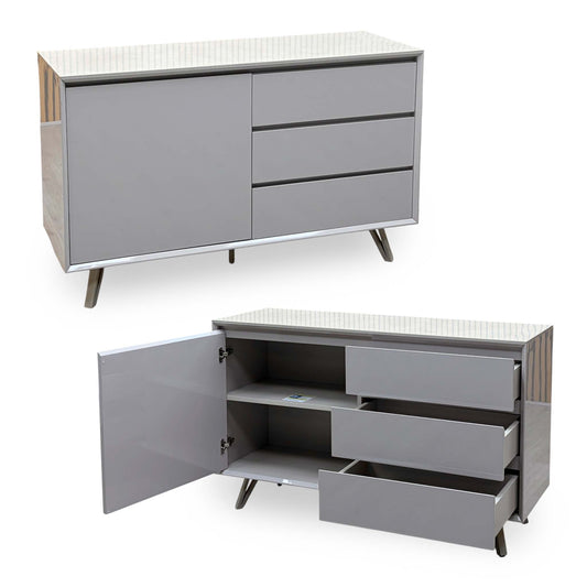 Mirage neutral ceramic top 1 door 3 drawer sideboard, closed and open views showing shelf and drawers