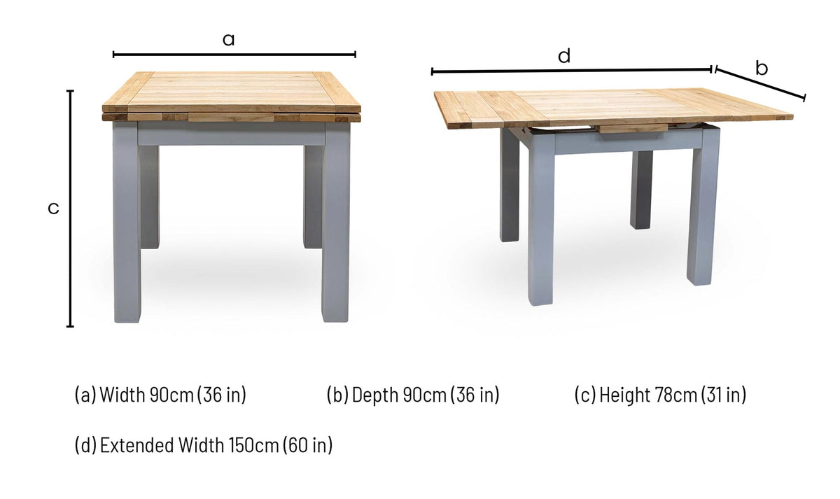 Lewis small draw leaf dining table dimensions: width 90cm (150cm extended), depth 90cm, height 78cm