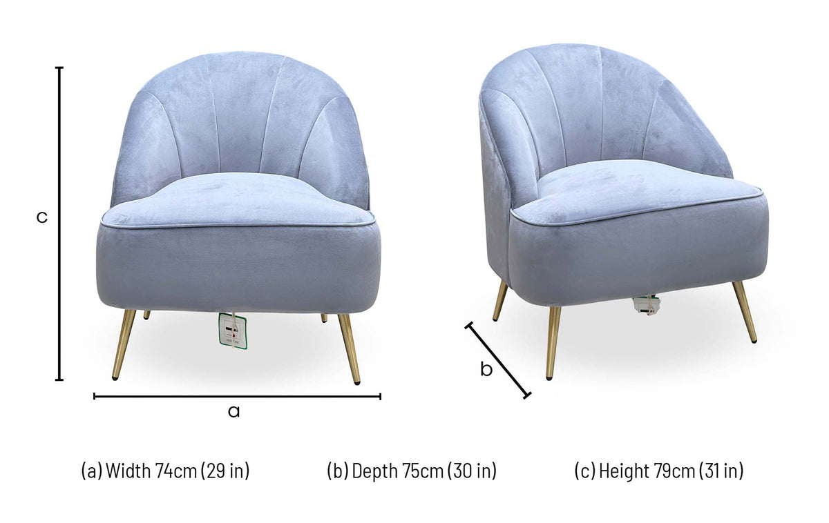 Cali bluish grey velvet accent chair dimensions: width 74cm, depth 75cm, height 79cm