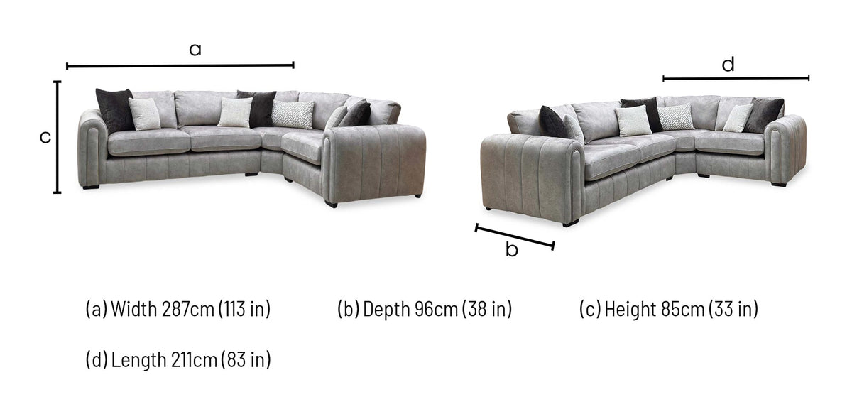 'Amara' Stone Grey Velvet Fabric Right Hand Facing Double Arm Corner Group Sofa