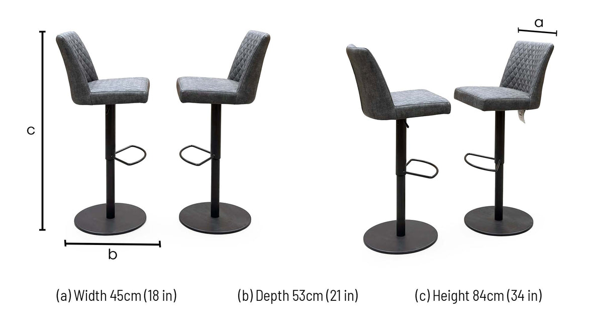 A dimension diagram showing a gray upholstered bar stool from three angles with measurement labels: width 45cm (18 in), depth 53cm (21 in), and height 84cm (34 in).