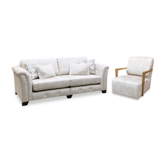'Aura' Kenzo Cream Dw Ft Velvet Fabric 4 Seater Classic Back Split Frame Sofa + Swivel Chair with Natural Wood Arms