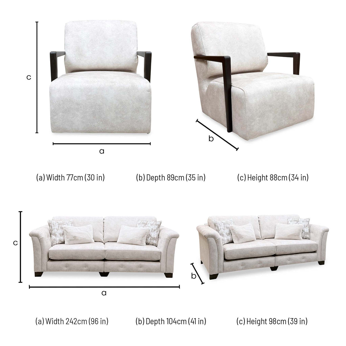 'Aura' Kenzo Cream Dw Ft Velvet Fabric 4 Seater Classic Back Split Frame Sofa + Swivel Chair with Dark Wood Arms