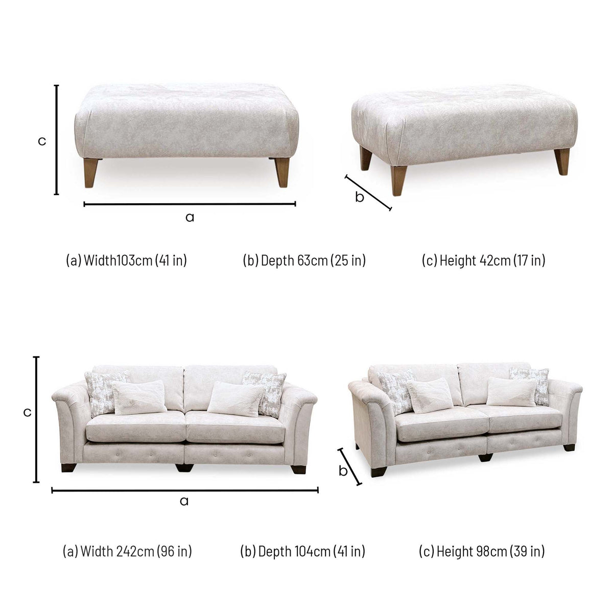 'Aura' Kenzo Cream Dw Ft Fabric 4 Seater Classic Back Split Frame Sofa with Footstool