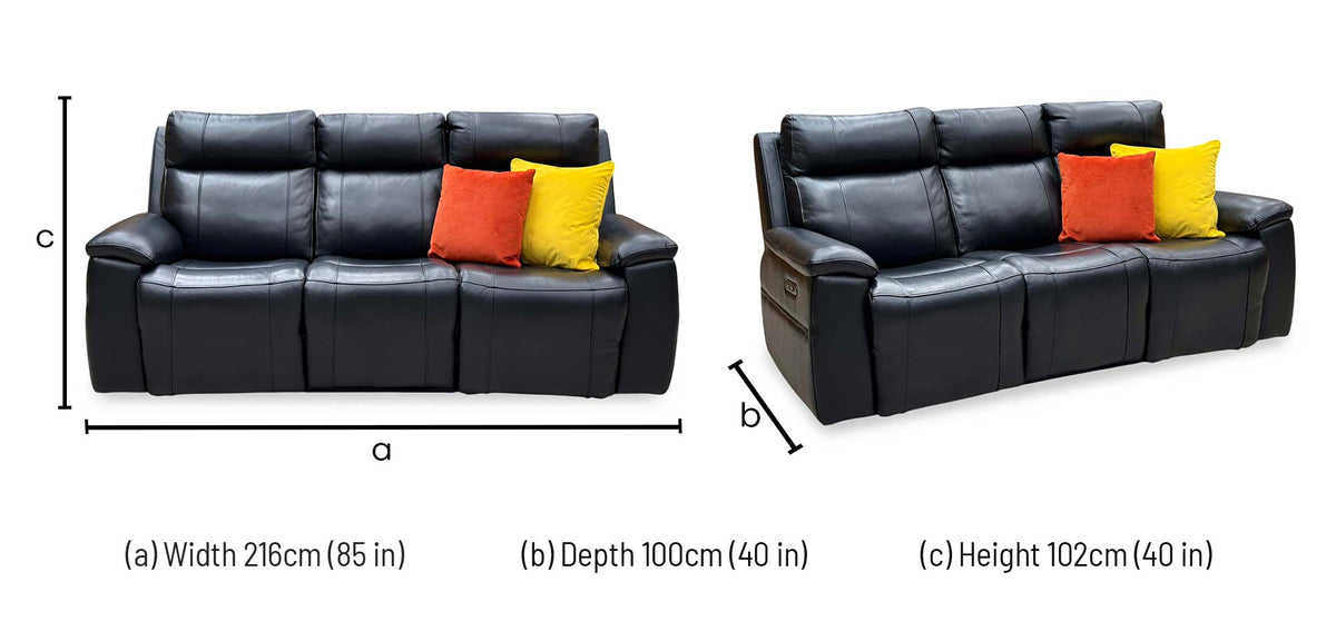 ‘Aero’ Jet Black Cat-40:23 Leather 3 Seater Power Recliner Sofa with Power Headrests