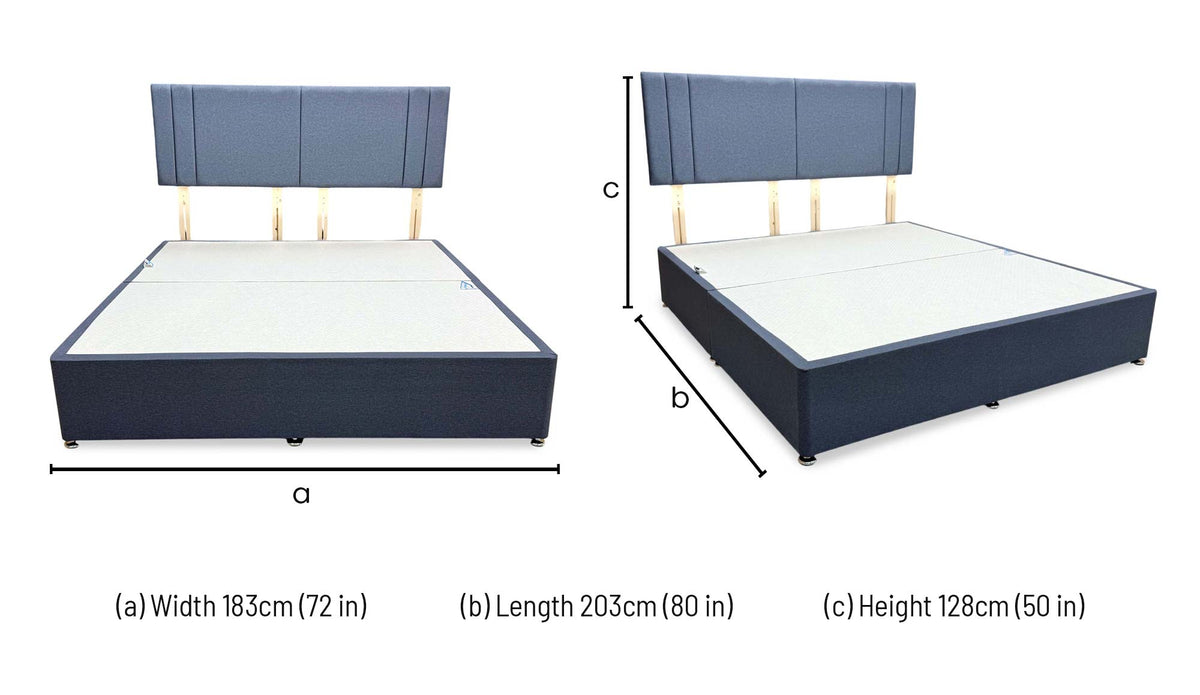 Nelson denim blue super king divan and headboard dimensions: width 183cm, length 203cm, height 128cm