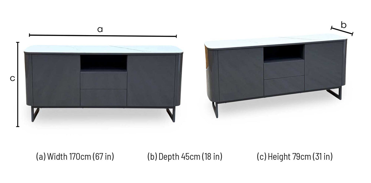 A modern sideboard cabinet shown from two angles with dimension callouts: width 170 cm, depth 45 cm, and height 79 cm. The cabinet has a dark charcoal gray body, a white top surface, and black legs on a white background.