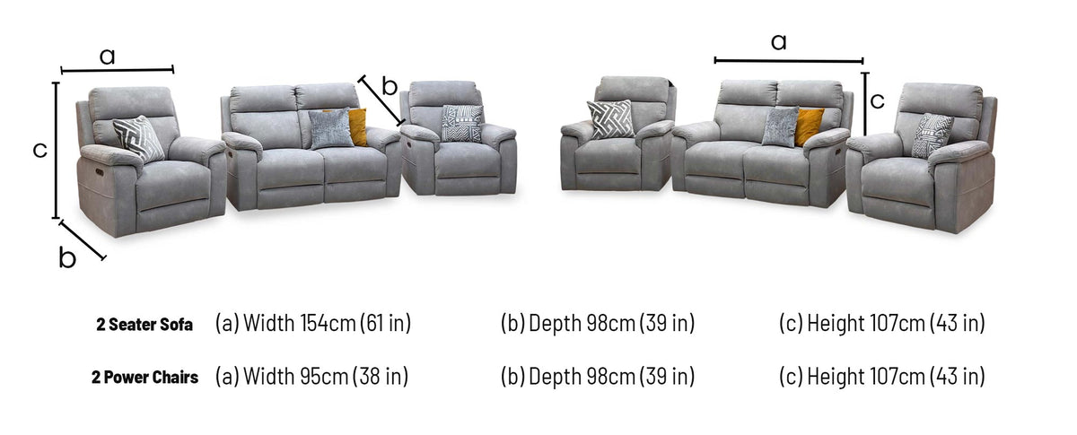 Raven Dexter stone grey set dimensions: 2 seater sofa W154 D98 H107cm, power chairs W95 D98 H107cm