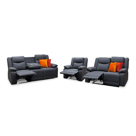 'Milan' Mocha Grey Microfibre Fabric 3 + 2 Seater Manual Recliner with Armchair + Drop Down Cup Holders and Wireless Charger Sofa Set