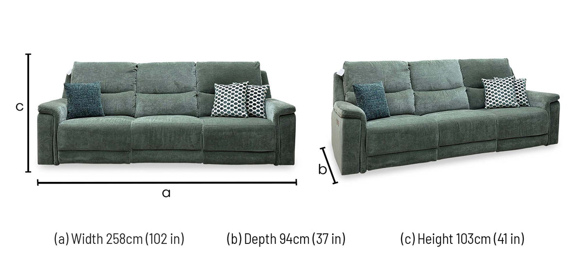 Berlin forest green linen large 3 seater power recliner sofa dimensions: width 258cm, depth 94cm, height 103cm