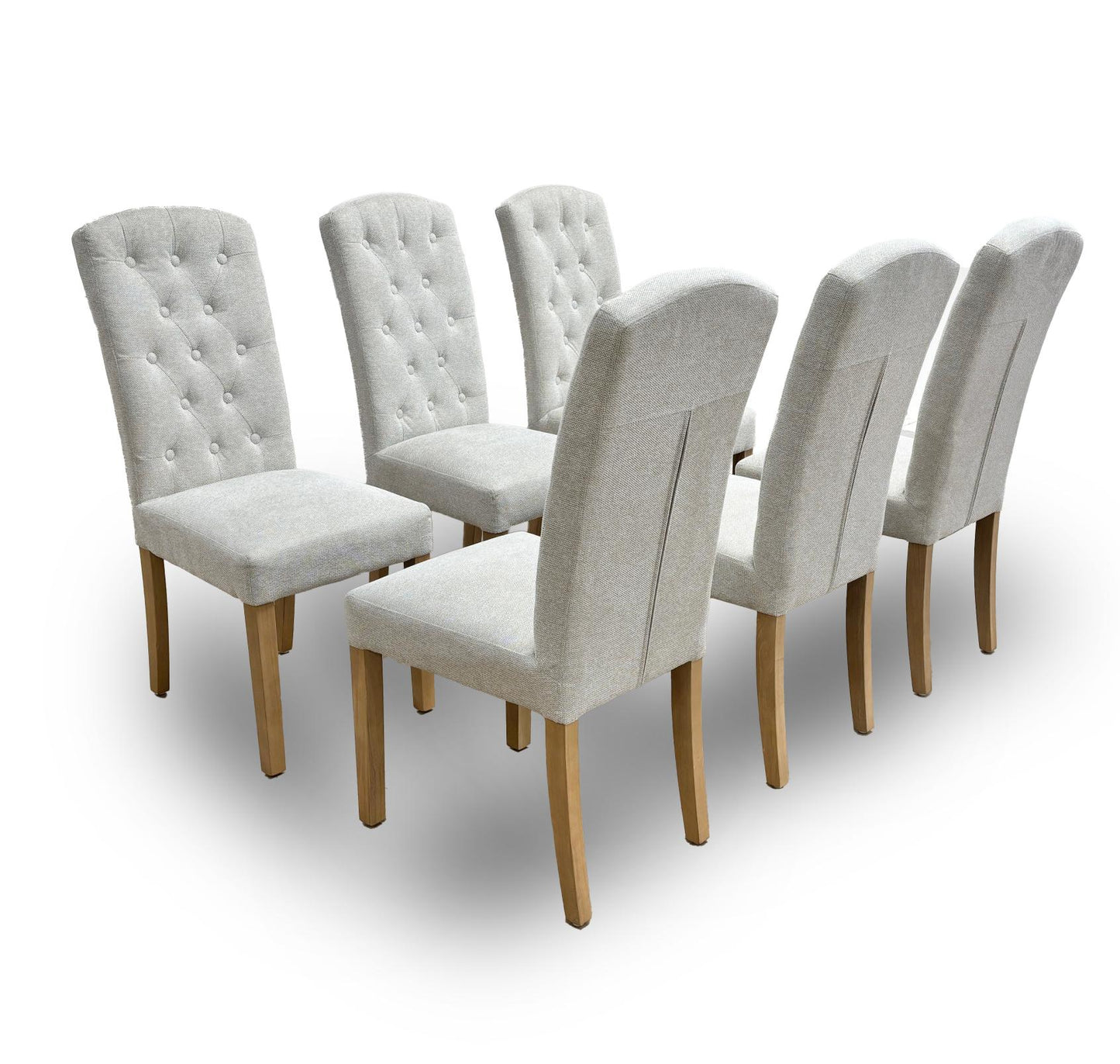 ‘Moore’ Button Back Light Natural Fabric High Back Dining Chairs - Set of 6