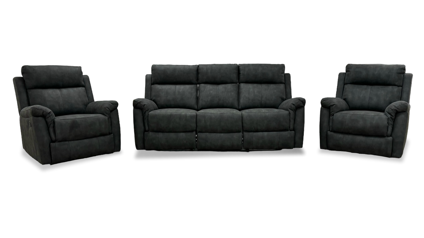 'Oscar' Charcoal Soft Leather Manual Recliner 3 Seater Sofa + Chair + Chair Suite