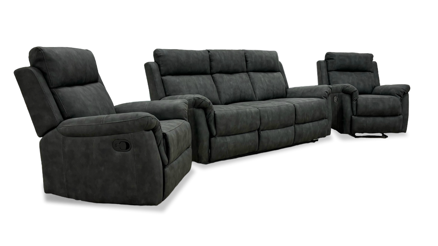 'Oscar' Charcoal Soft Leather Manual Recliner 3 Seater Sofa + Chair + Chair Suite