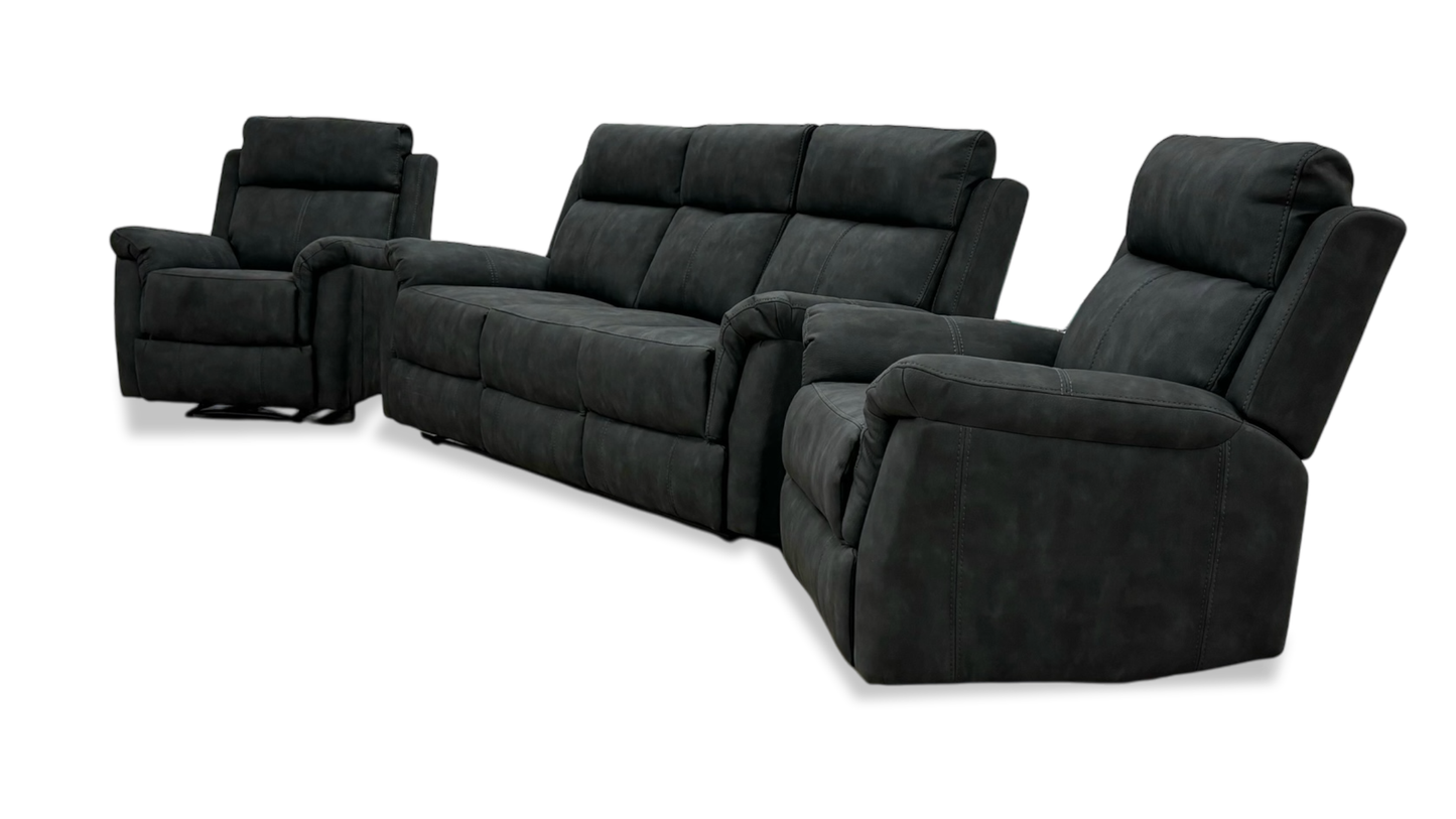 'Oscar' Charcoal Soft Leather Manual Recliner 3 Seater Sofa + Chair + Chair Suite