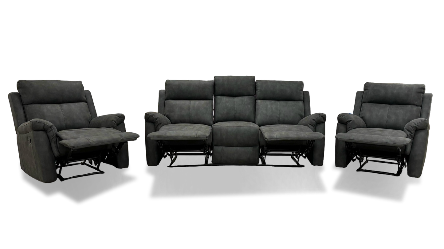 'Oscar' Charcoal Soft Leather Manual Recliner 3 Seater Sofa + Chair + Chair Suite