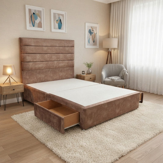 ‘Artemis’ Caramel Velvet Floor Standing Headboard + Base with 2 Drawers - Double