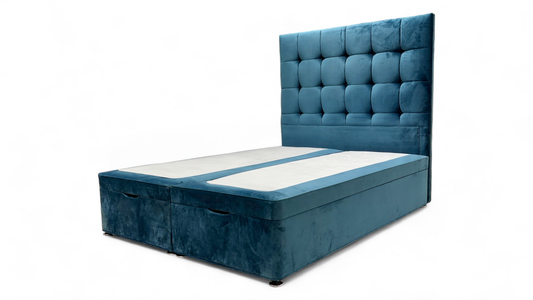 Sleep Story Memory Hybrid End Ottoman Divan Set + ‘Dice’ Floor Standing Headboard in Plush Atlantic Velvet - King