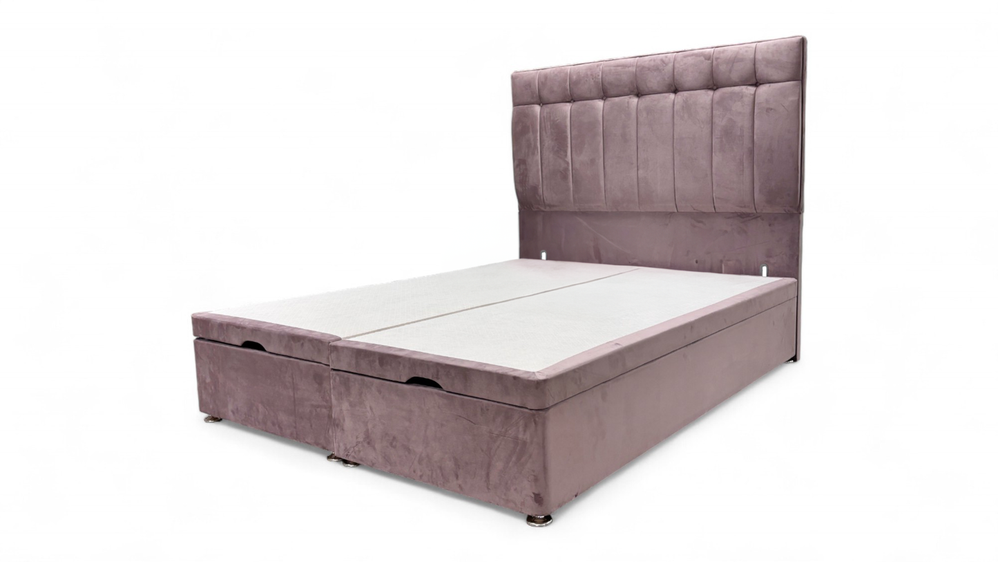 Sleep Story End-lift Ottoman Divan Base + Sleepeezee ‘Beam’ Floor Standing Headboard in Plush Light Pink Velvet - King