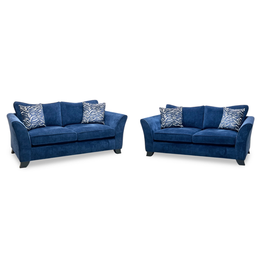 Full View ‘Sasha’ contemporary 6-seater sofa lounge suite, featuring two matching 3-seater sofas beautifully upholstered in an elegant, rich Zara Navy Blue fabric.