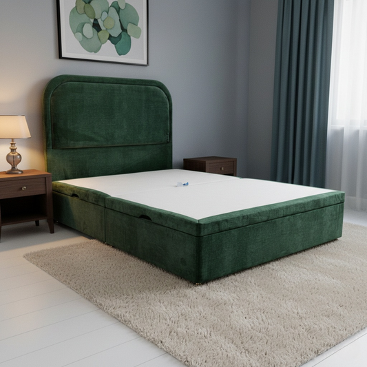 Living Room shot of the ‘Warwick’ headboard, highlighting the elegant moss green fabric and tall, floor-standing design.