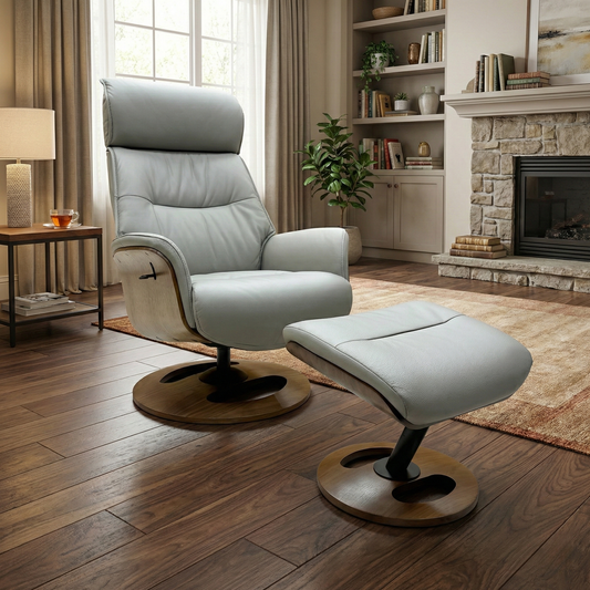 Living Room view of the Husky Grey leather chair, highlighting the bold retro curves and ergonomic design.