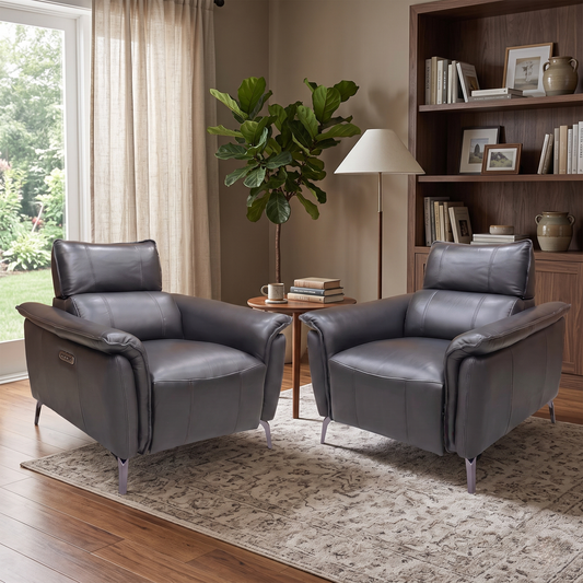 ‘Jude’ Oslo Jet Black Cat-40:23 Leather Power Recliner Chairs with Telescopic Headrests - Set of 2