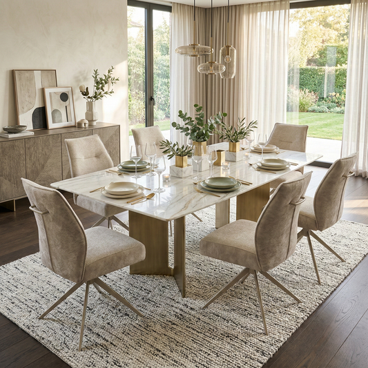 Living room of the Mirage dining chair set of 6, highlighting the 360-degree swivel functionality, ergonomic armrests, and versatile neutral upholstery.