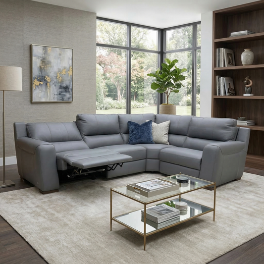 ‘Viali’ Verona Petrol Blue 2597 Leather Small Right Hand Facing Power Recliner corner Sofa