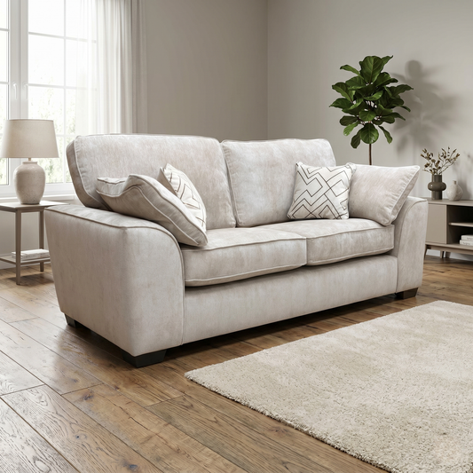 Living room view of the truffle Harvey 3 seater sofa in a bright, contemporary living room.