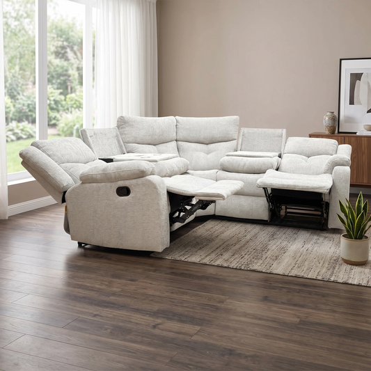 ‘Roma' Silver Fabric Manual Recliner Corner Sofa With Drop Down Cup Holders and Wireless Charging