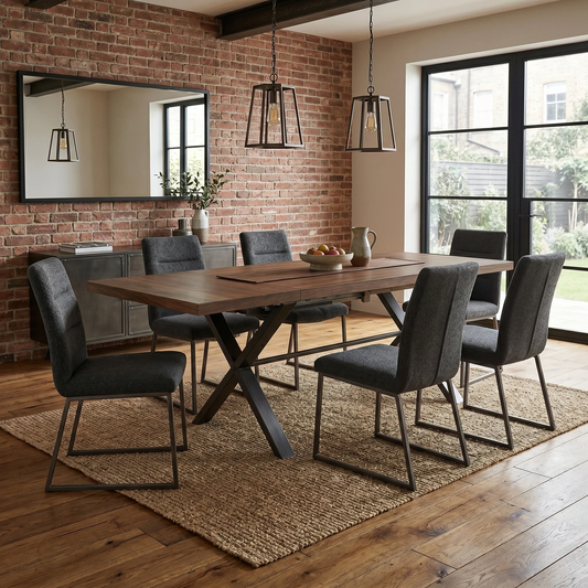 Dining room three-quarter angled view of the Earth solid oak extension panel, highlighting the thick profile edge, durable surface finish, and robust timber build quality.