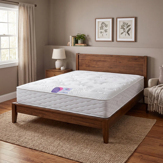 Styled modern bedroom lifestyle layout featuring the Harlech 1000 pocket spring double mattress arranged on a contemporary platform bed base with minimal, elegant linen dressings.