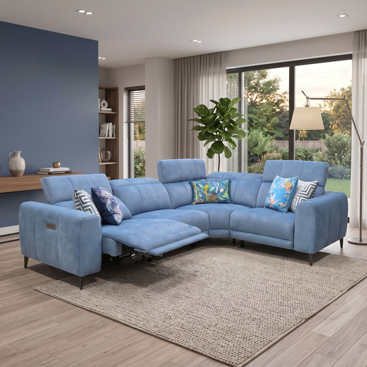 ‘Ezra’ Dexter 43525 Wave Blue Fabric Power Recliner Corner Sofa with Power Headrest Furniture Village