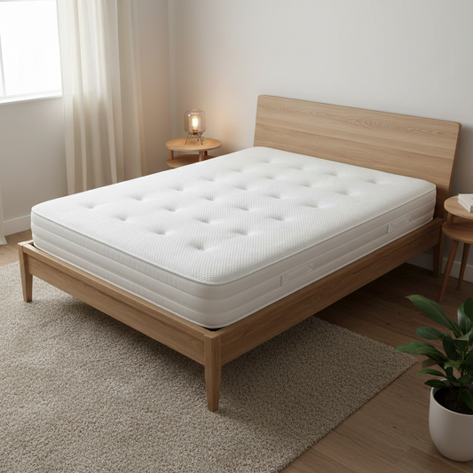 Living room of the embroidered 'Wool Tuft & Snooze' branding and floral patterns on the mattress border.