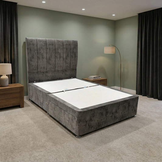 Sleepeezee ‘Mermory Sense’ Daytona Grey Divan Base with ‘Spire’ Floor Standing Headboard