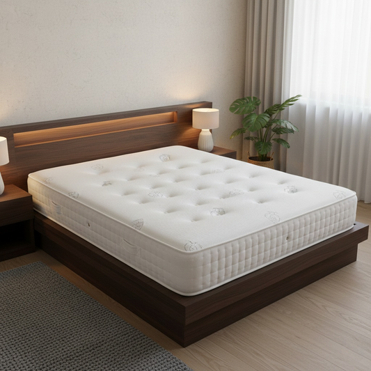 Living room of the embroidered 'Wool Tuft & Snooze' branding and floral patterns on the mattress border.