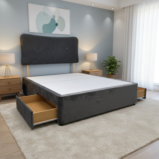 ‘Johnson’ Grey Velvet Divan 2 Draw Bed Base + Headboard - King
