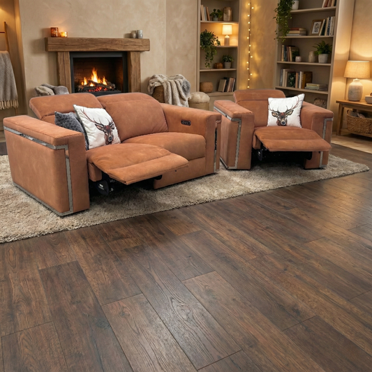 'Cora' Dexter Pumpkin Velvet Power Recliner 2 Seater Sofa with Power Headrest + Power Recliner Chair with Power Headrest