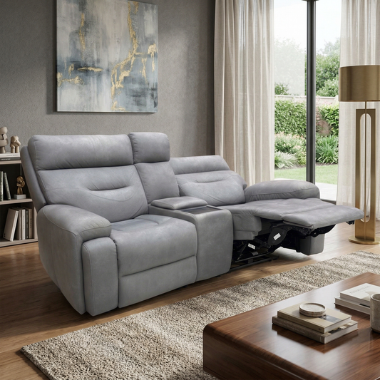 Living room view Modern home cinema setup featuring the Cinemax grey velvet sofa with integrated tech features.