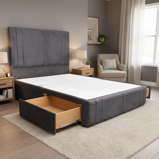 Living room of showing the depth of the floor-standing headboard against a wall.