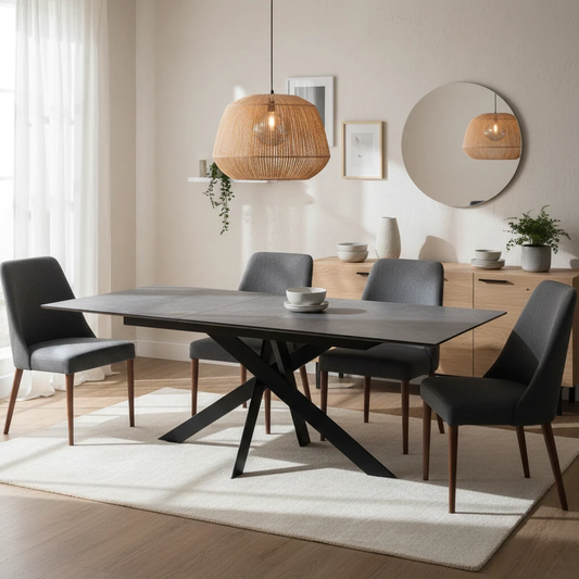 Living Room of the 'Warrior' table highlighting the sleek grey sintered stone finish.