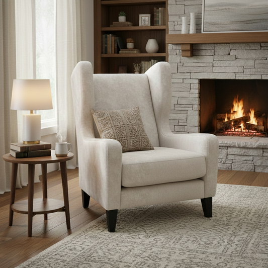 Living room shot of the cream Dolcie chair in a bright lounge setting, showcasing its elegant and timeless silhouette.