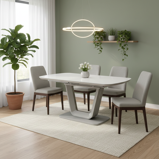 Living room of demonstrating the extension mechanism, showing how the table pulls apart to reveal the additional leaf.