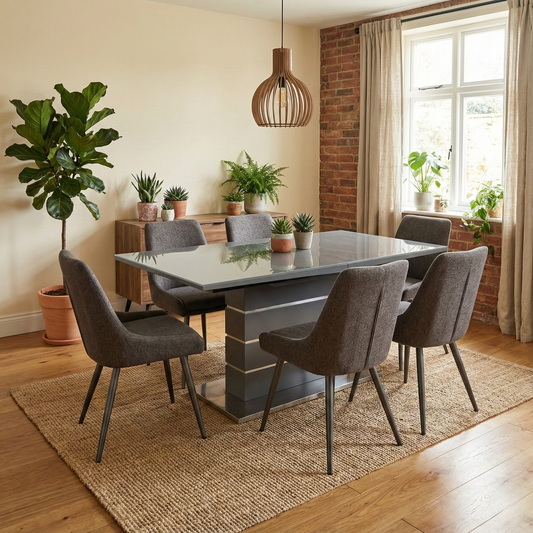 ‘Tokyo’ High-gloss Grey Tempered Glass 160cm Large Extending Dining Table