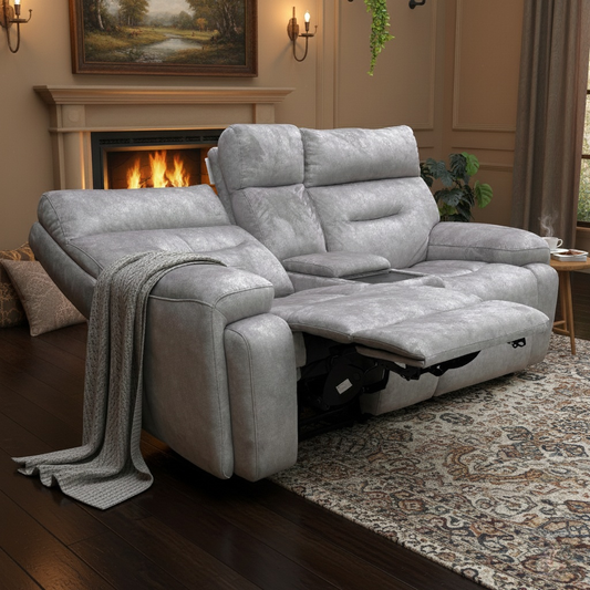 ‘Cinemax' Be-0102 Marble Light Grey Velvet 2 Seater Media Power Recliner Sofa with Power Headrests