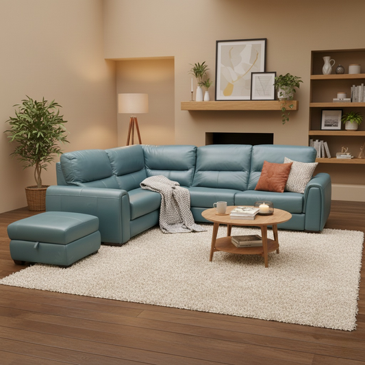 World of Leather 'Flex' Lake Green Leather Left Hand Facing Small Corner Sofa Bed with Storage Arms and Storage Footstool