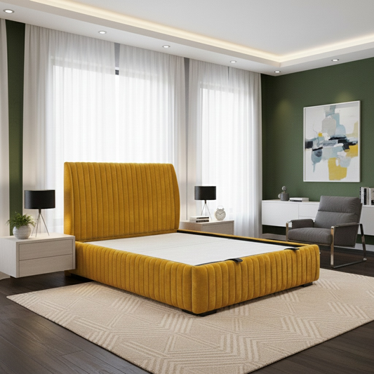 ‘Aydon’ Aston Saffron Linen Fabric Floor Standing Headboard + End Lift Ottoman Bed Frame - King