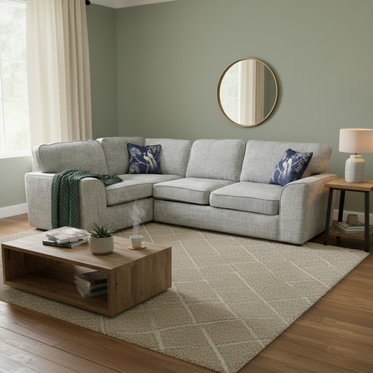 ‘Emilia’ Silver Woven Fabric Small Left Hand Facing Sofa Bed Corner Sofa